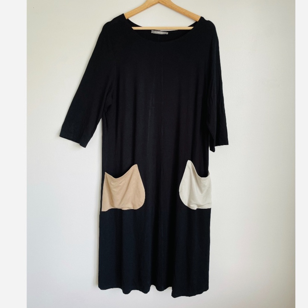 Black Midi Dress with Beige and Cream Pocket Accents